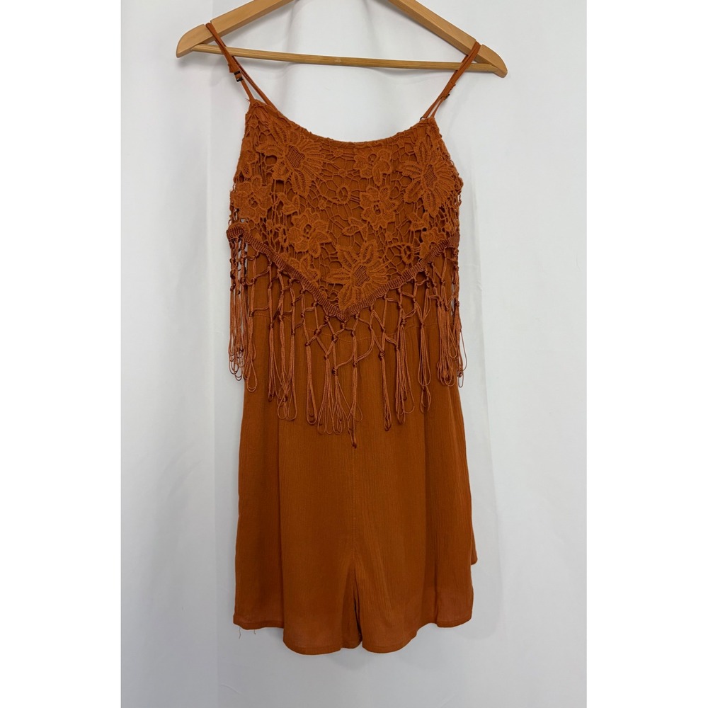 Garage Burnt Orange Crochet Fringe Festival Boho Shorts Romper Small Summer
